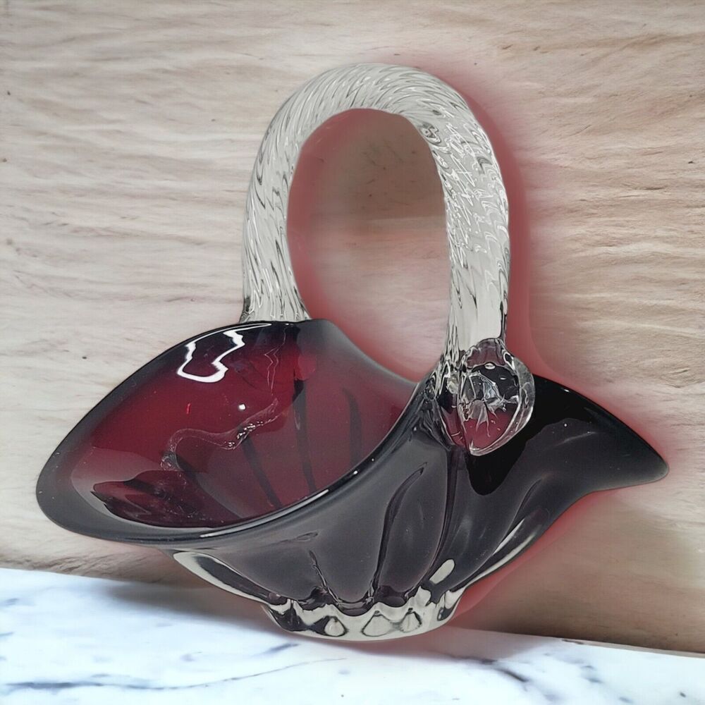 Ruby Red Hand Blown Art Glass Basket Applied Handle Clear Ground Base